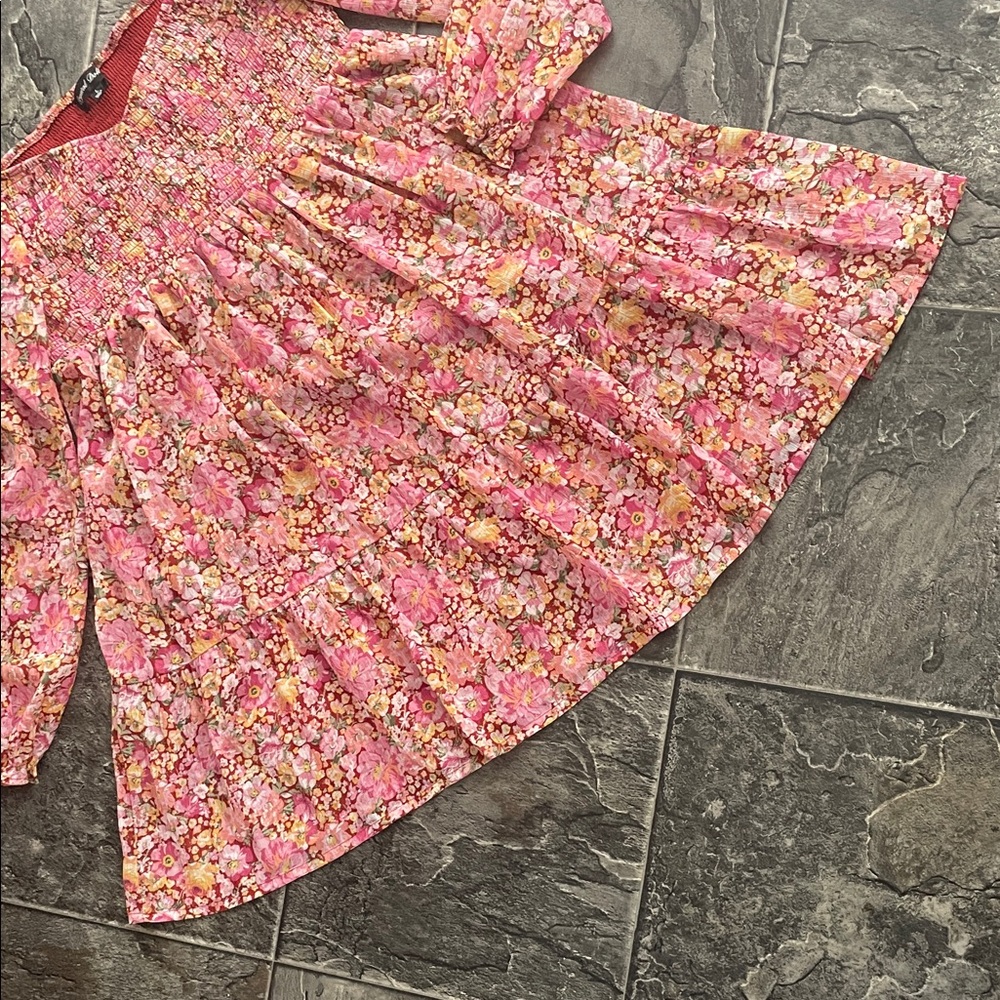 CRYSTAL DOLL Floral Coquette Babydoll Long Sleeve Shirred Pleated A-Line Dress - Picture 5 of 14
